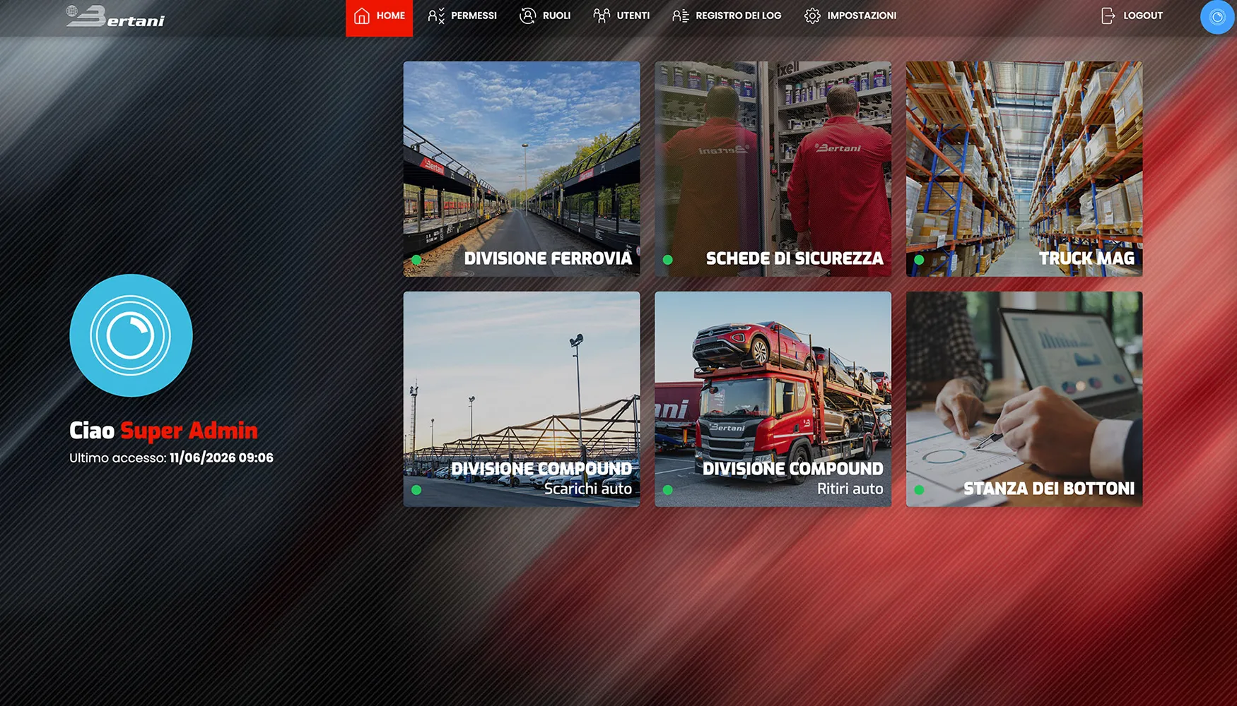 Homepage della suite software di Bertani Trasporti